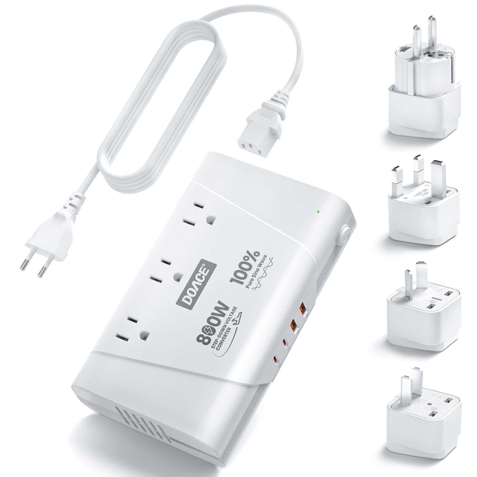 DOACE 800W Travel Adapter Voltage Converter, 220V to 110V Pure Sine Wave Step-Down Transformer for International Travel, 3 AC Outlets & 4 USB, Compatible with Phones, Hair Tools, Cameras & Laptops