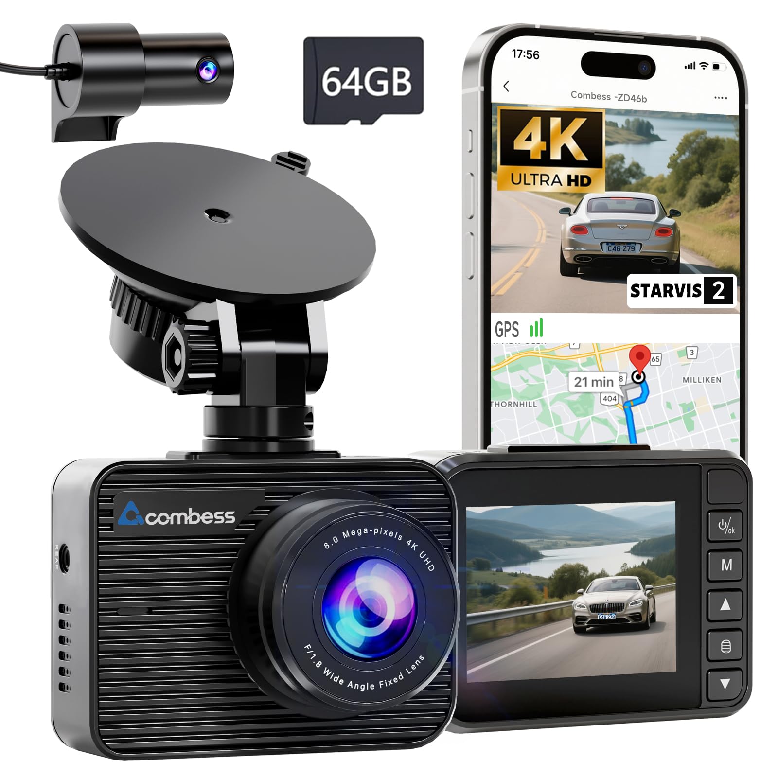 Dash Cam Front and Rear, STARVIS 2 Sensor with Night Vision, 4K+1080P Dashcam Included Free 64GB Card, 2" IPS Screen, Built in WiFi & GPS Car Camera, 24H Parking Monitor, Supports 512GB Max